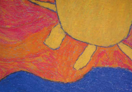 Eine gemalte Sonne über Wasser